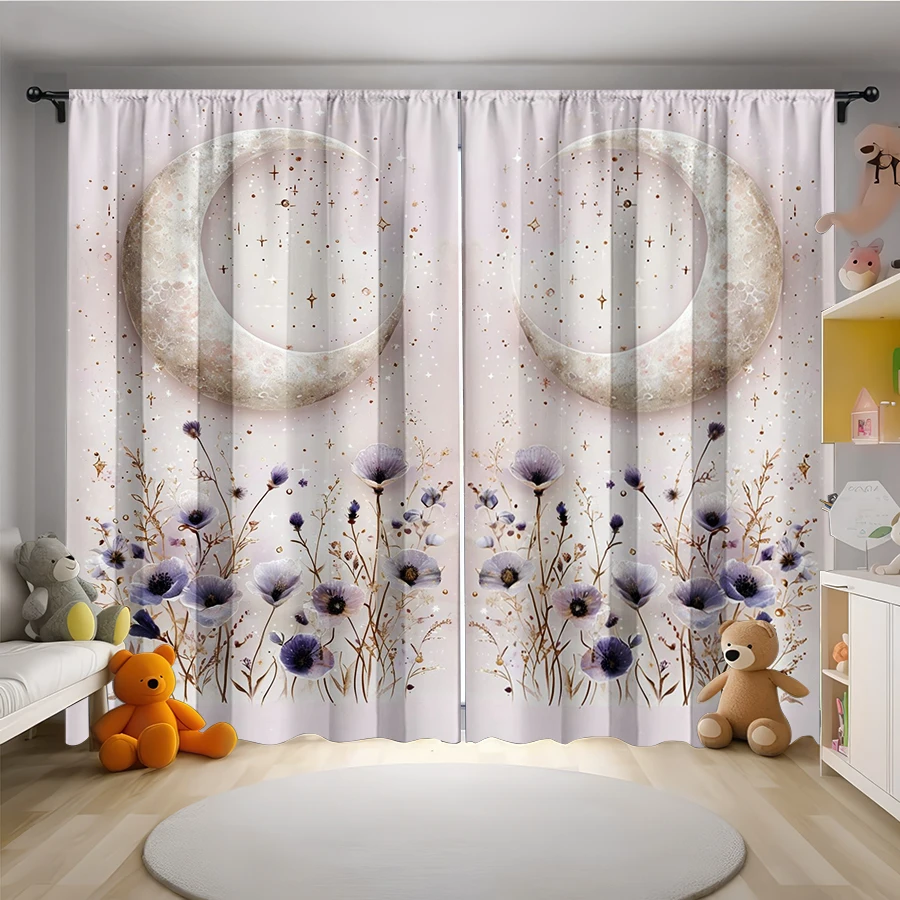 2 PCS Crescent Purple Flower Curtains, Mystic Style Window Drapes for Living Room Bedroom Home Decor Polyester Rod Pocket