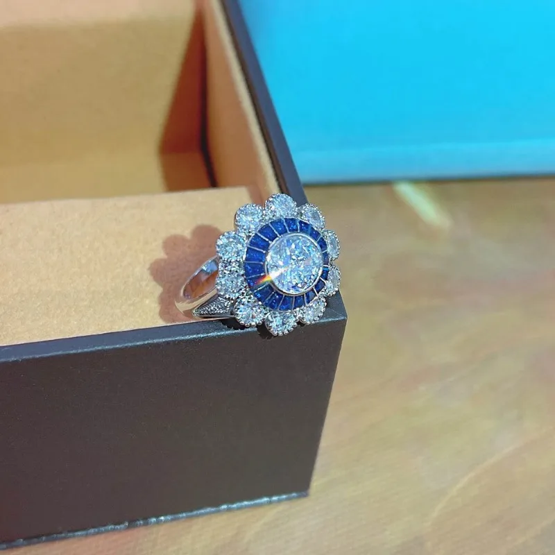 925 Silver New Square Diamond Ring Luxury Full Diamond Blue Snowflake Engagement Rings for Women Party Ladies Jewelry Gift