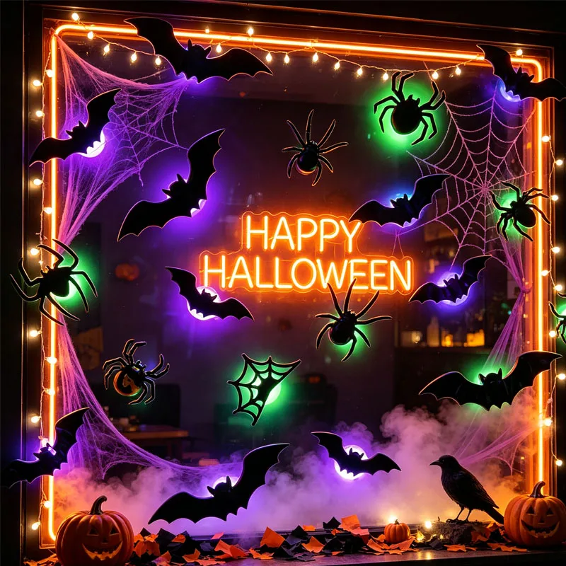 1-5Set Halloween 3D Spider Bat LED Wall Sticker Party Window Display Ambient Glow Decor for Haunted House Halloween Decoration