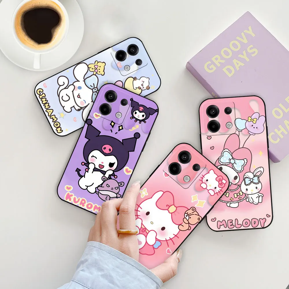 

Anime Hello Kitty Kuromi My Melody Phone Case For Redmi Note 13 12S 12 12T 11 11E 10 9 9T 9S 8 7 6 11T Pro Plus Black Soft Cover