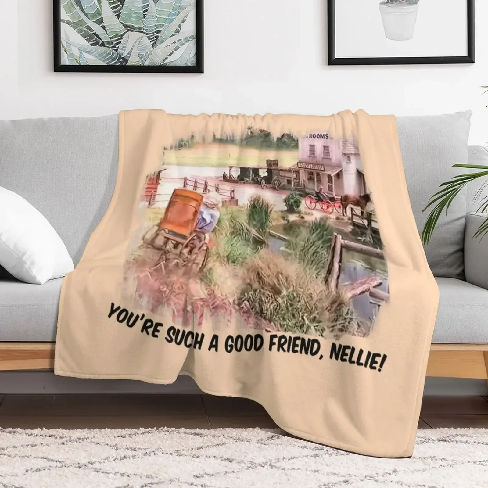 Little House on the Prairie Nellie Wheelchair scene. Black Lettering Throw Blanket Flannel Fabric Shaggy Hair Blankets