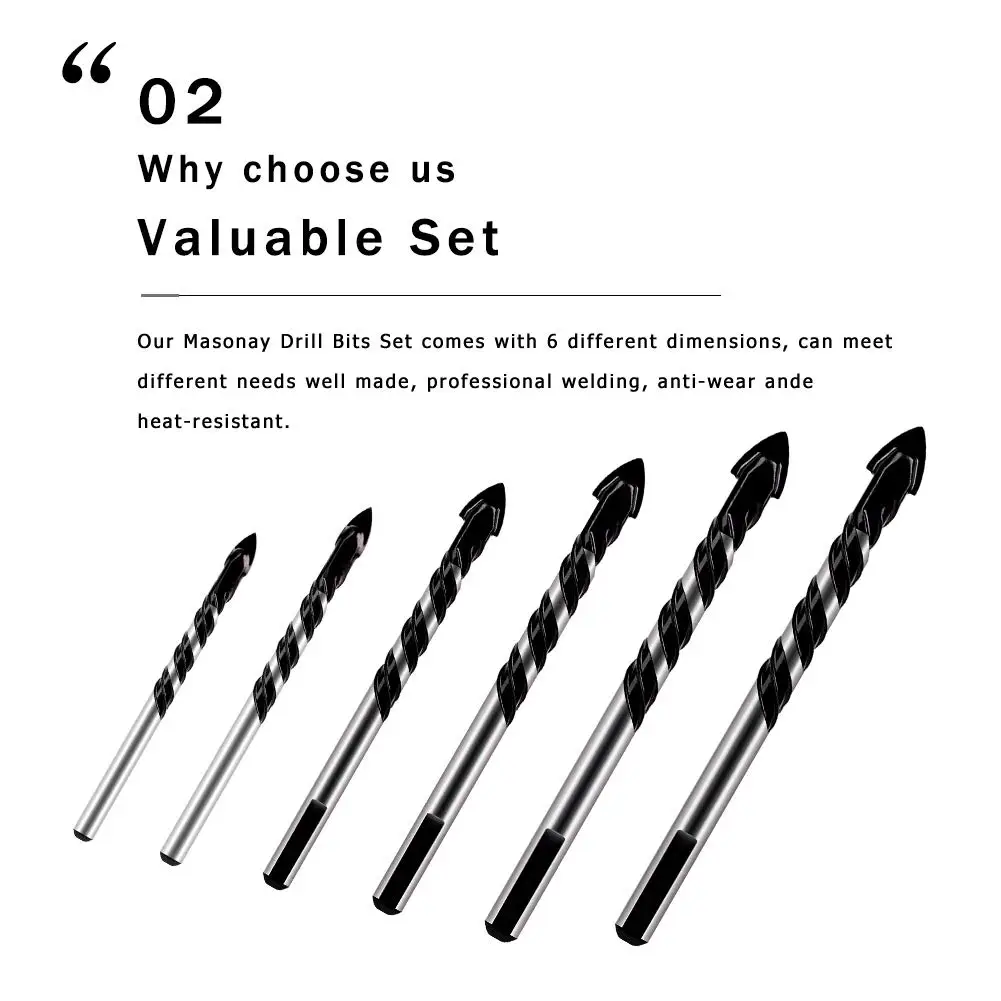 12pçs conjunto de brocas de alvenaria de carboneto de tungstênio, conjunto profissional de brocas de alvenaria para telha, broca de concreto 4mm-12mm
