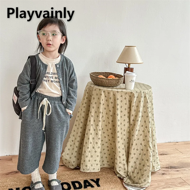

2025 New Autumn Korean Style Children Clothes Grey Khaki O-neck Long Sleeve Open Stitch Coats+Ankle Length Sweatpants A23062