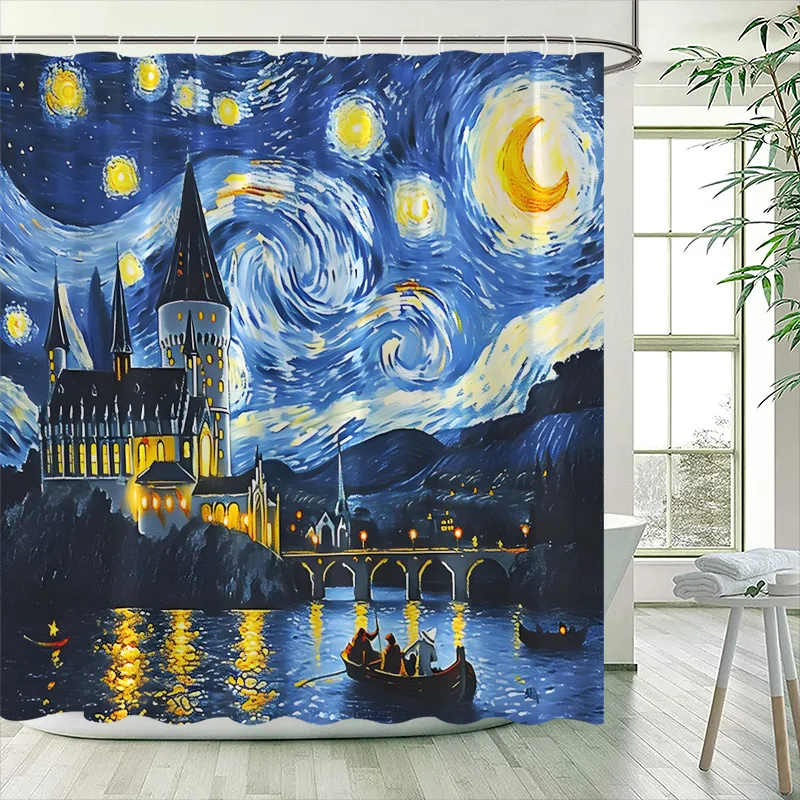 Abstract Shower Curtain Castle Church Mountain Lake Starry Night Oil Painting Art Bath Curtains Fabric Home Bathroom Decoration