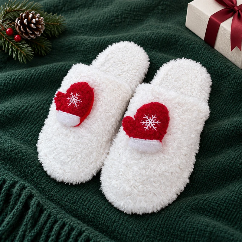 ZUOFU Weihnachts-Plüsch-Hausschuhe für Damen, Herren und Paare, Rentier, Weihnachtsmann, Schneemann, Baum, Glocke, Handschuh, warm, flauschig, rutschfest, für drinnen und zu Hause – Detail 4