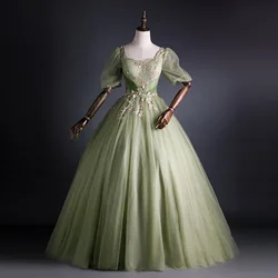 Sweet Green Ball Gown Lace Flowers Beading Puffy Dresses For Prom Vintage Floor-length Appliques Quinceanera Dress Customized