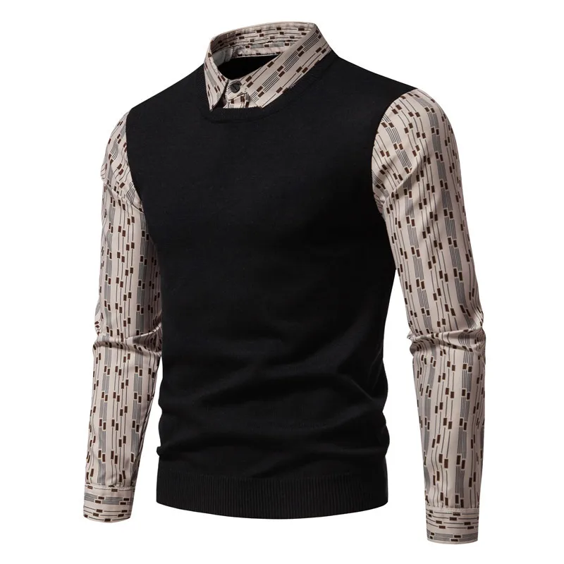 2023 Autumn/Winter New Knitwear Men's Korean Version Slim Fit Fake Two Piece Splice Sweater Shirt Collar Men's Knitwear