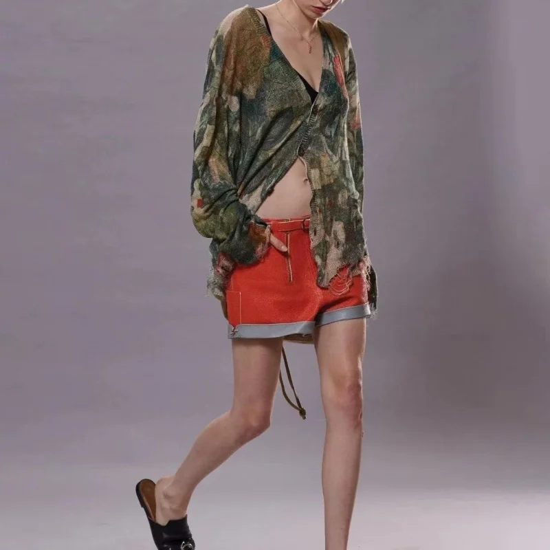 2025년 가을 신상 카모플라주 장미 프린트 니트 스웨터 Y2K 여성 한국 레트로 꽃자수 V넥 니트 가디건