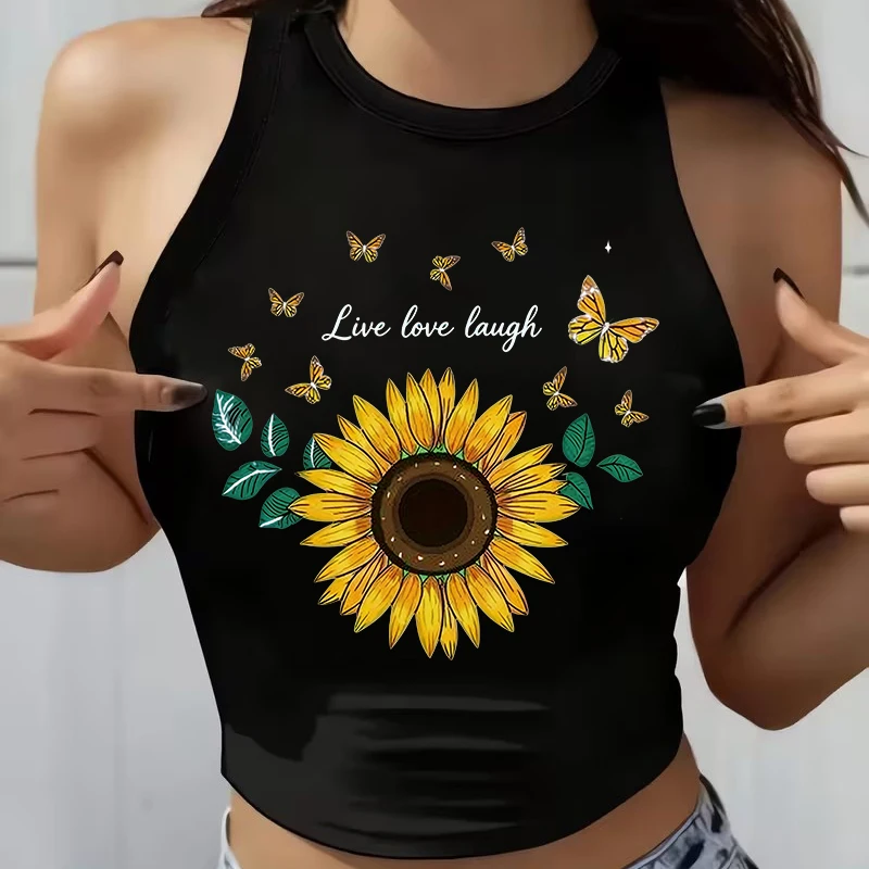 Modisches, sexy, ärmelloses Damen-T-Shirt mit Schmetterlings- und Sonnenblumen-Print, Rundhalsausschnitt, 90er-Jahre-Grafik, Y2k-Tanktops, Kleidung