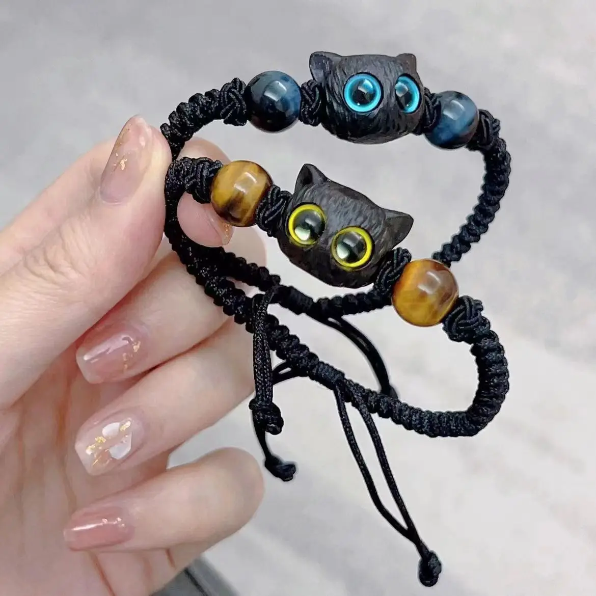 Cute Cat Couple Bracelet Imitation Wood Crystal Braided Children Bracelet Fashion Jewelry Trendy Accessories