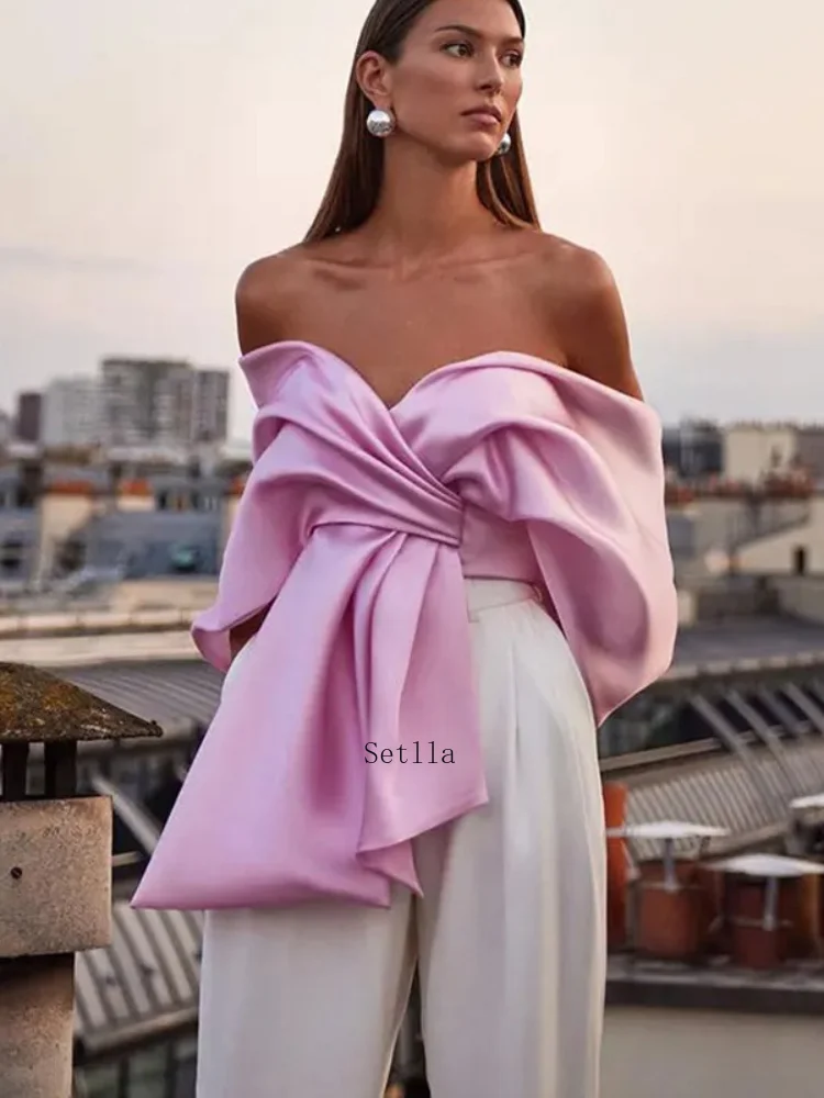 

2024 Summer Women High Street Party Club Tops Sweet Satin Bow Pleated Tops Female Sexy Off Shoulder Backless Cropped Pink Vest