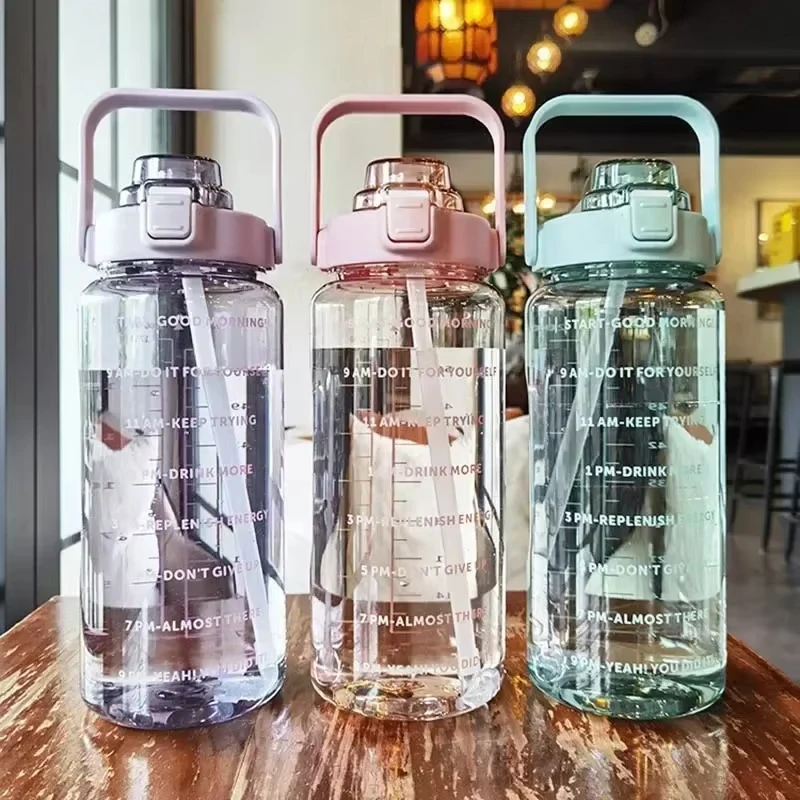 2L Water Bottle Portable Straw Plastic Water Cup for Outdoor Sports Fitness Large Capacity Adult Big Fat Cup with Time Marker