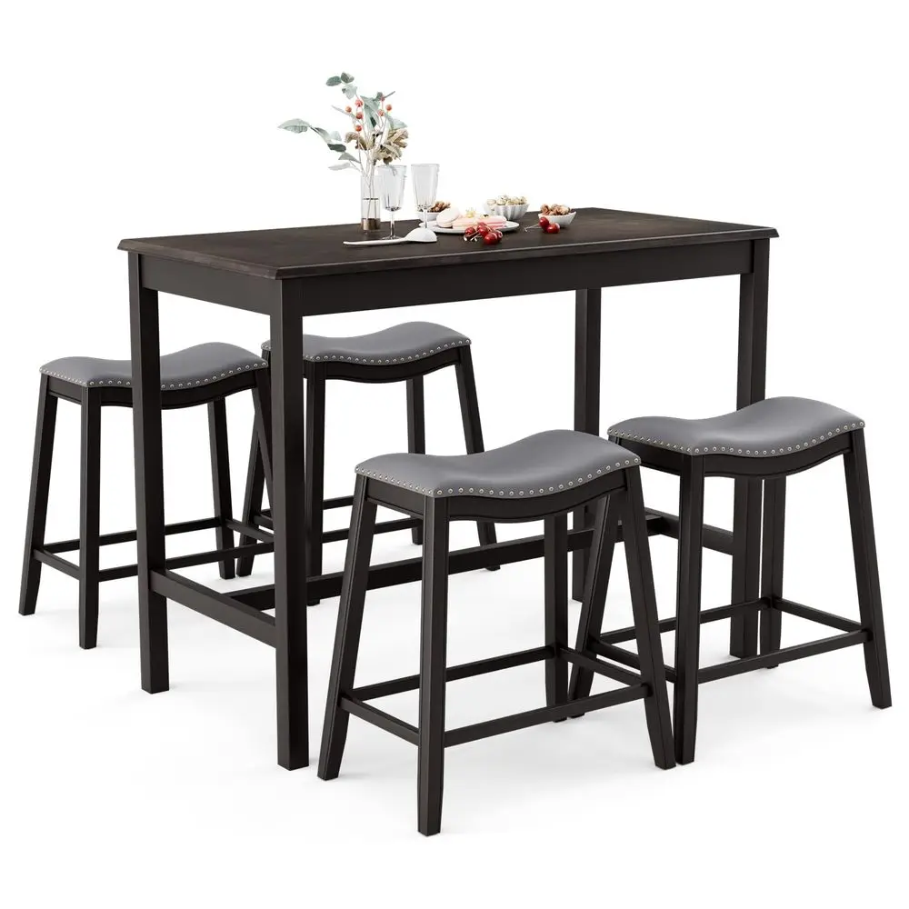 

5Piece Dining Table Set for 4, Counter Height Breakfast Table and Upholstered 4 Saddle Stools, SpaceSaving Design, Rubber Wood