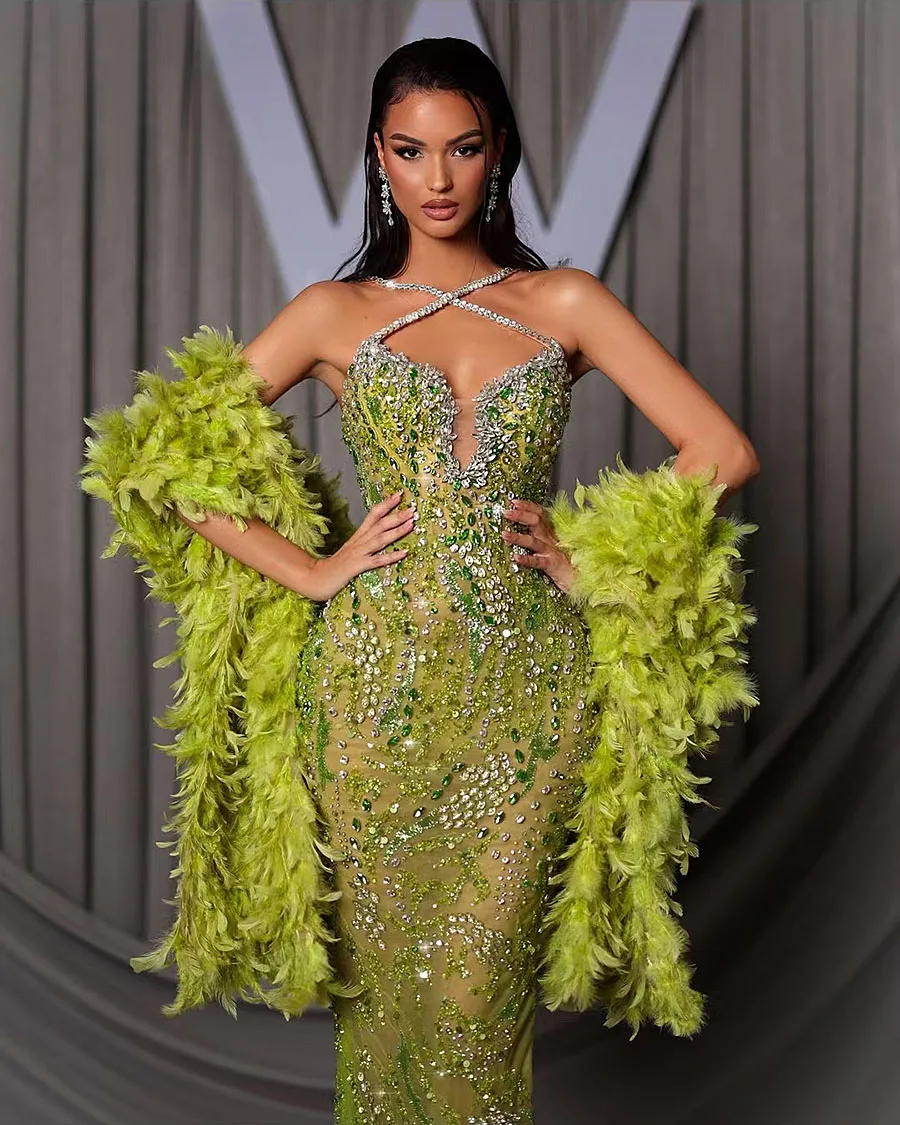 Green Beaded Tulle Evening Dress 2025 Sexy Deep V-neck Hand-sewn Pearls Prom Dress Mermaid Party Gown Robe De Soriee Customized