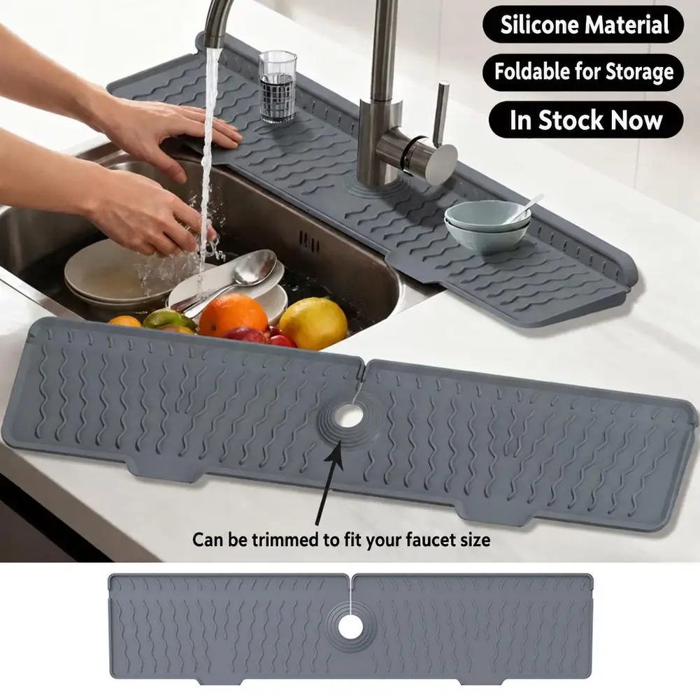 Silicone Faucet Handle Drip Catcher Mat Sink Splash Guard Tray Organizer Fast Drainage Wave Sloped Pad Non Slip Foldable