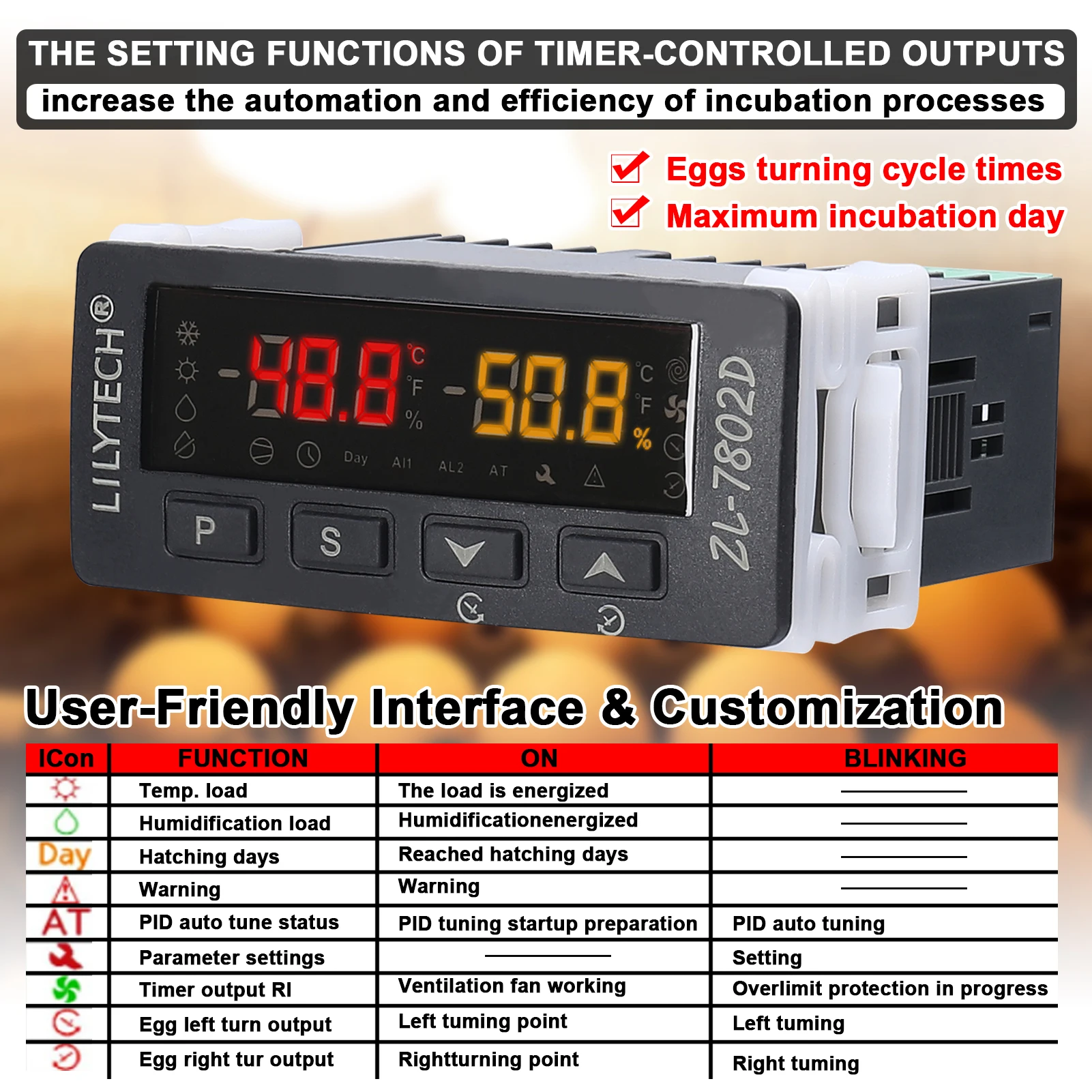 Automatic Incubator Multifunctional Temperature and Humidity Controller Digital Hygrostat Thermostat Eggs Turning PID Control