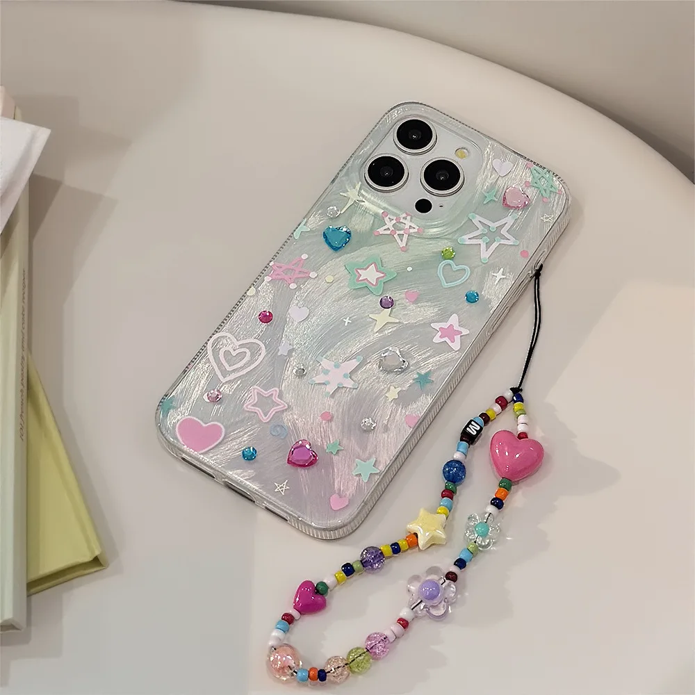 1/6PCS iPhone 16/17 Multicolor Starry Sky Phone Case Compact Multi-Color Chain Design Shock-Resistant Protection