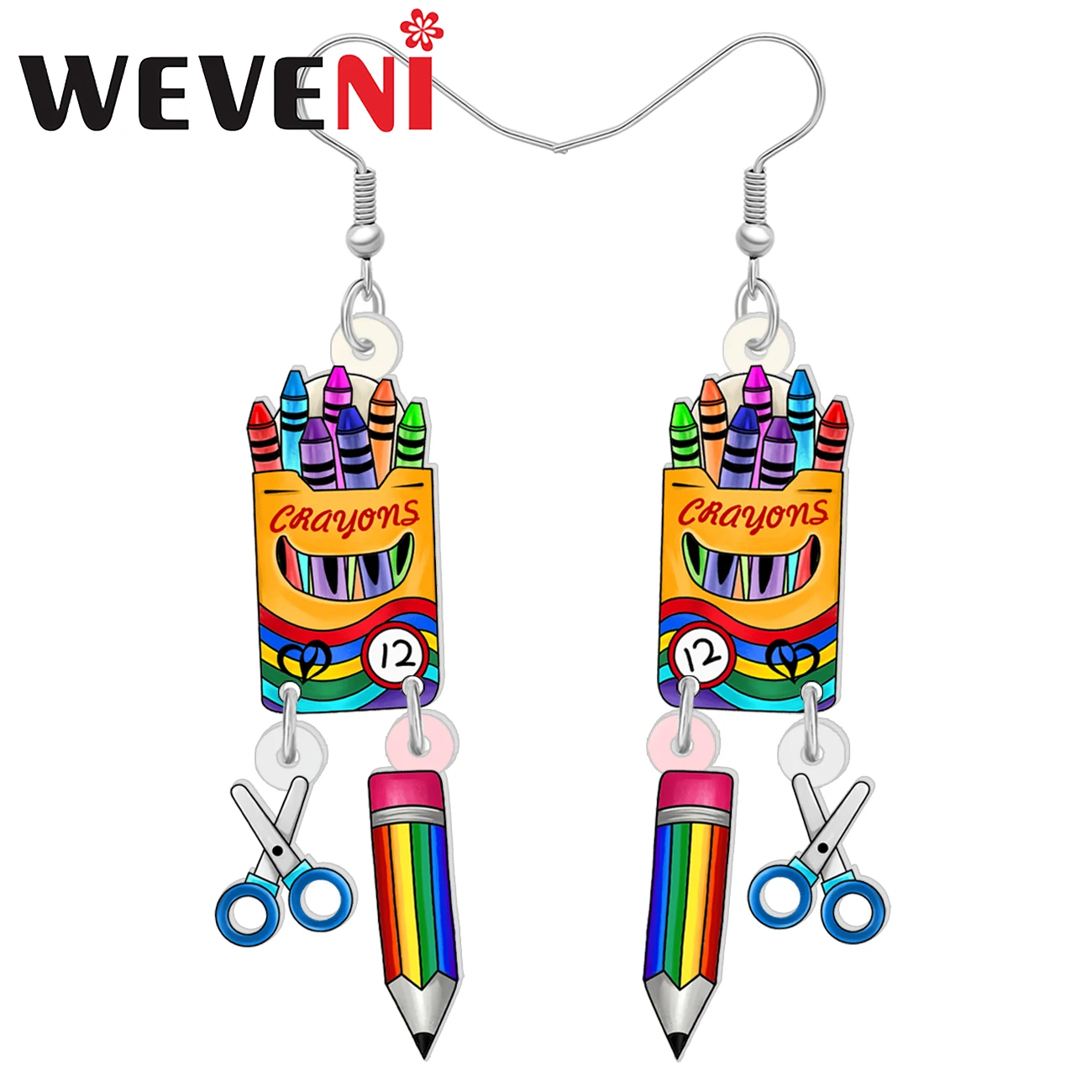 WEVENI Acrylic Colorful Crayon Pencil Scissors Drop Dangle Earrings Trendy Jewelry for Women Kids Teacher Back to School Gift