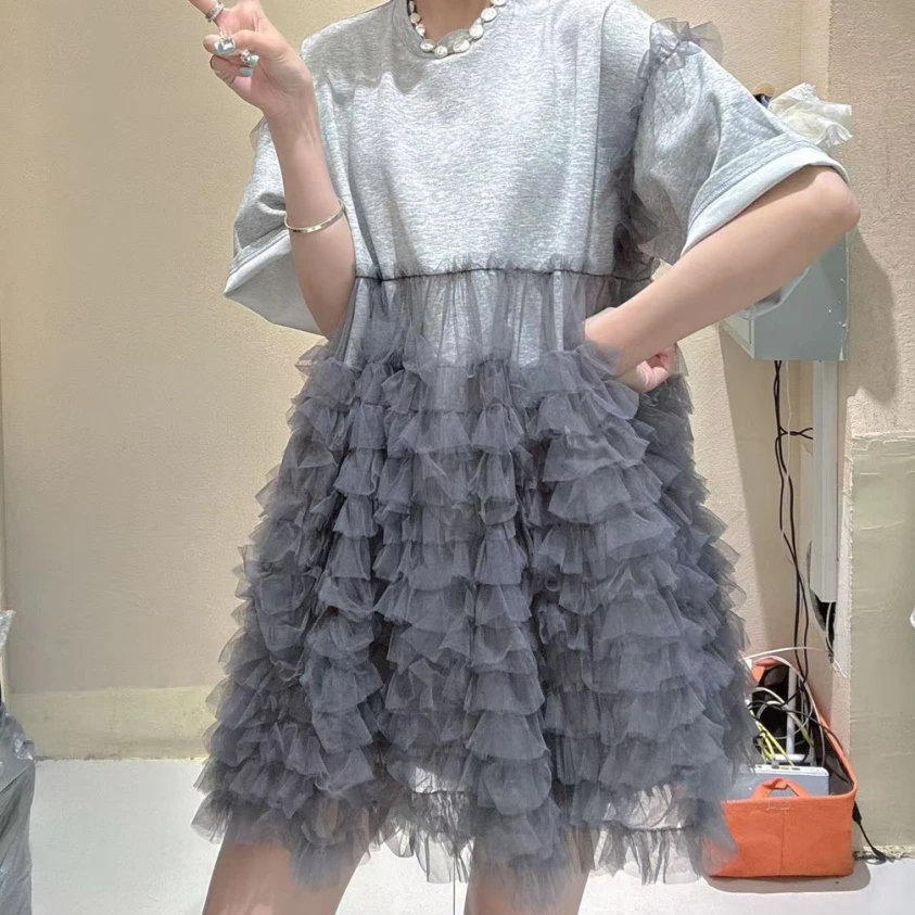 Zomer Luxe Vrouw Mesh Gesplitste Ruches T-shirts Gaas Geplooide Ruches Tee Jurk Korte Mouwen Garen Lotus Jumpers Tops Vestidos