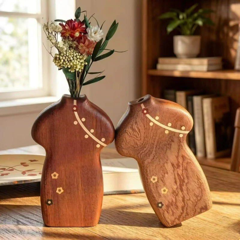 Vintage Entryway Cheongsam Vase Solid Wood Chinese Floral Holder New Asian Style Tabletop Decor & Aroma Diffuser Vase