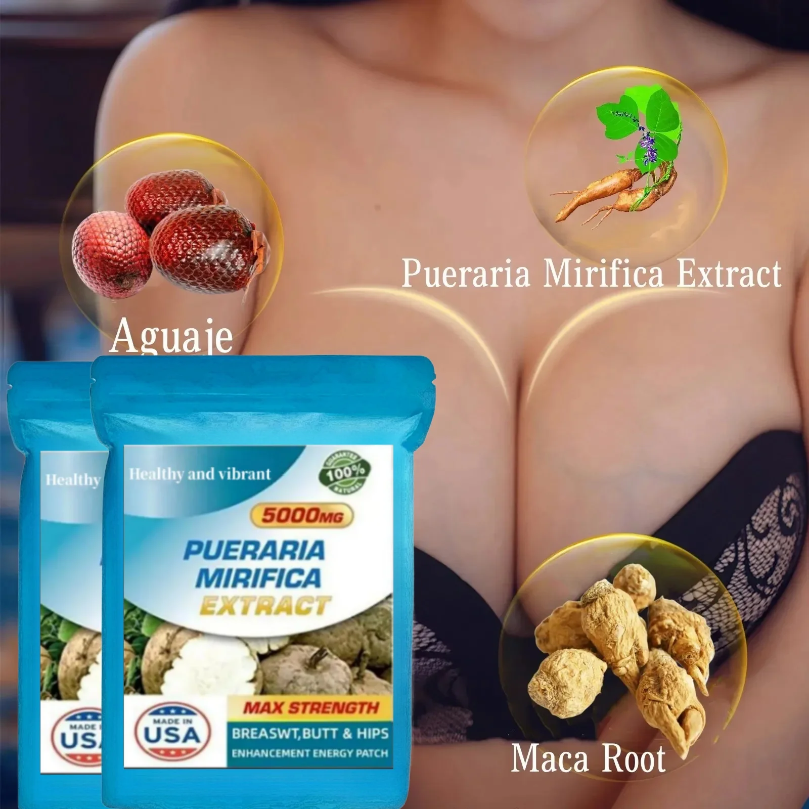 Bigger Breast & Buttocks And Hips Enlargement Pure Pueraria Mirifica Extract Complex - Aguaje, Maca Powder 5000 Mg 5 Pcs/bag