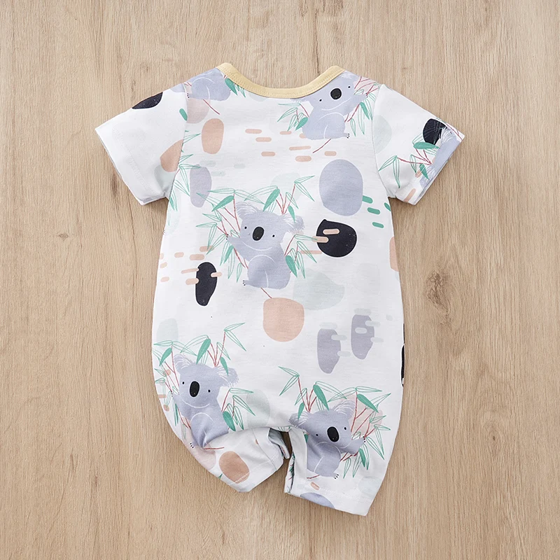 Summer casual new short sleeved round neck design clothes Cartoon bamboo leaf koala pattern print White minimalist baby jumpsuit