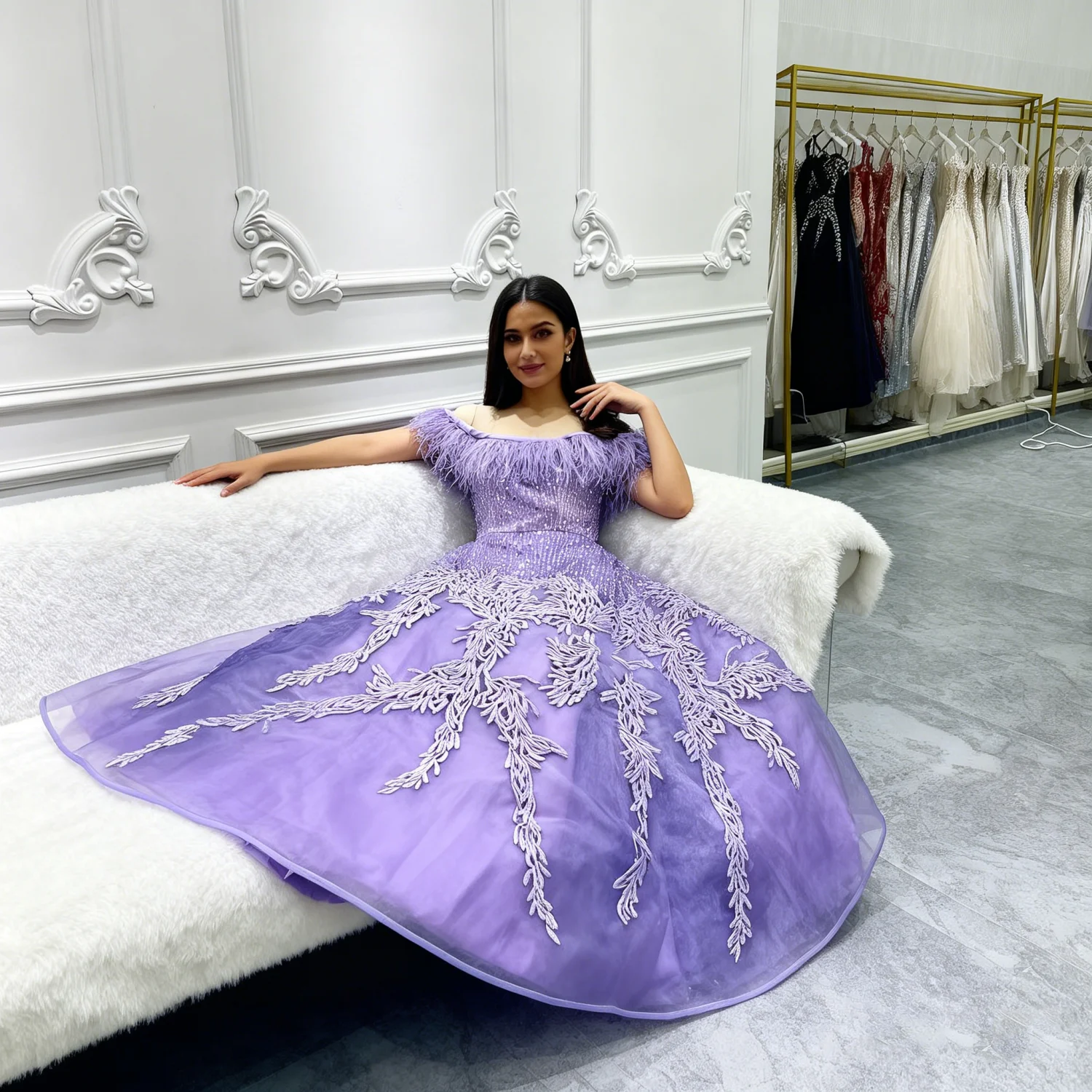 

Luxury Lilac Women Formal Evening Dresses Strapless Feather Sequined A Line Ankle Length Prom Wedding Guest Party GownCustomized