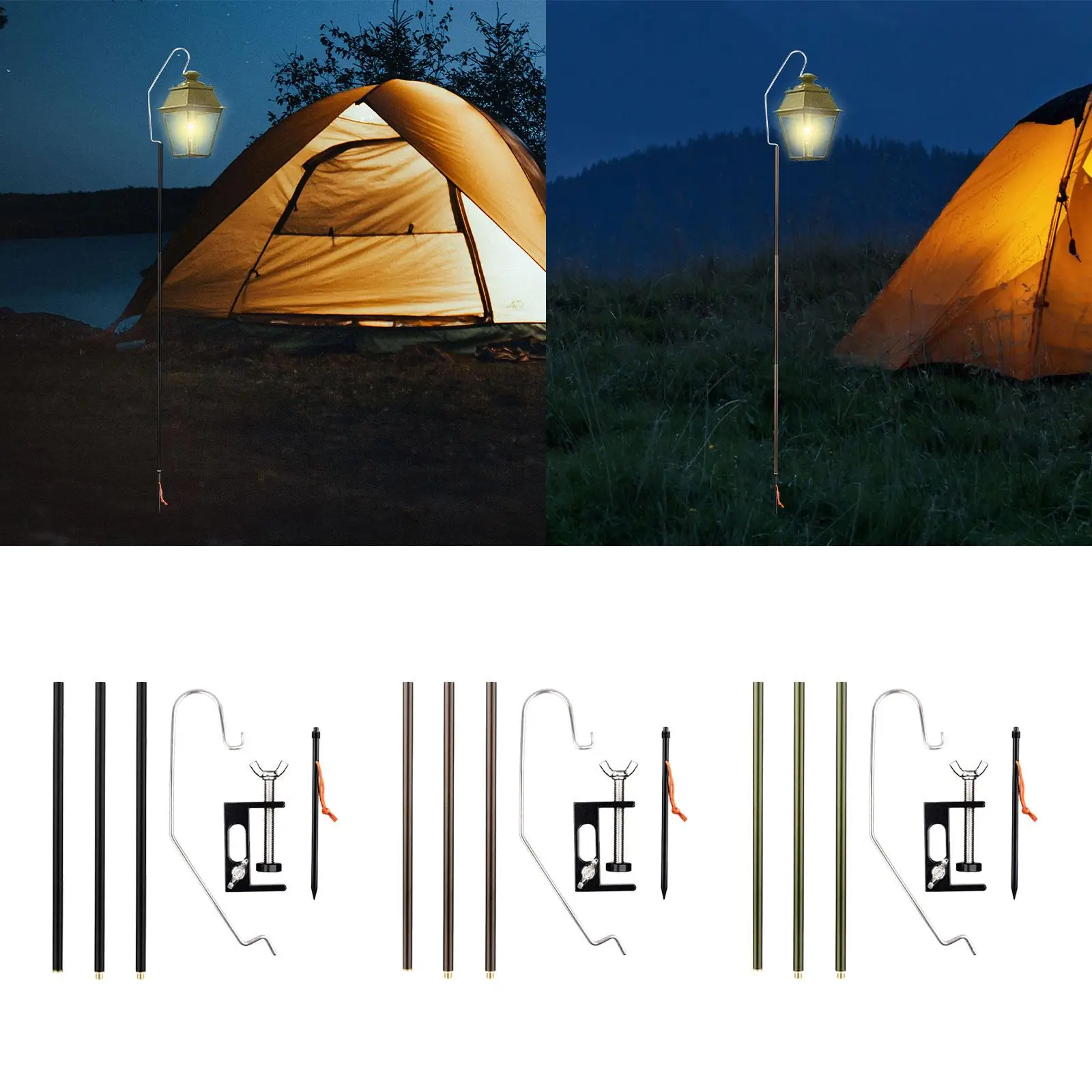 Camping Lantern Stand, Lightweight Hanging Light Holder Pole with Table Clamp & Stake for Hiking Outdoor Activities