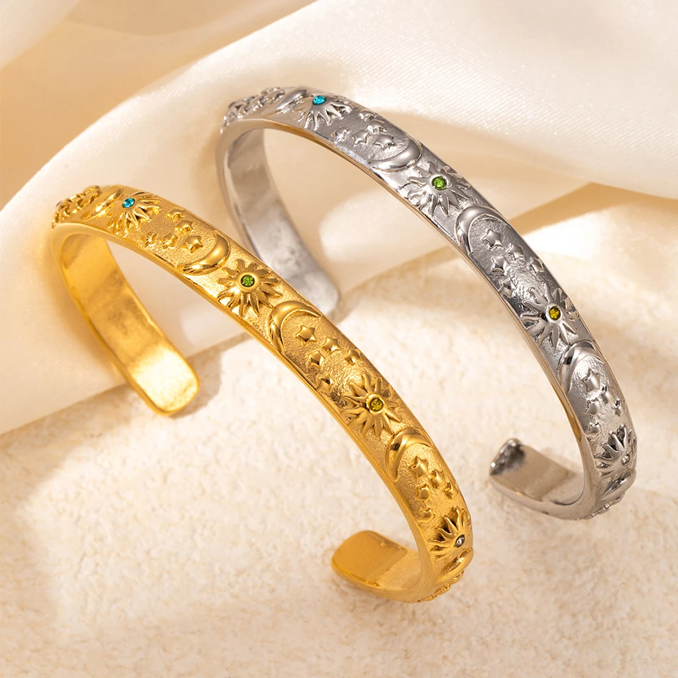 Classic Stainless Steel Moon Star Sun Bangle Bracelet Stylish Metal Open Wrist Bracelets For Women Party Gift