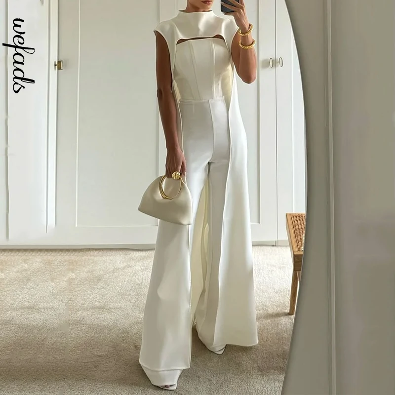 

Wefads 2 Piece Set Women Elegant Solid Sleeveless Round Neck Super Long Cape Top Nipped Waist Wide Legs Jumpsuit Sets Streetwear