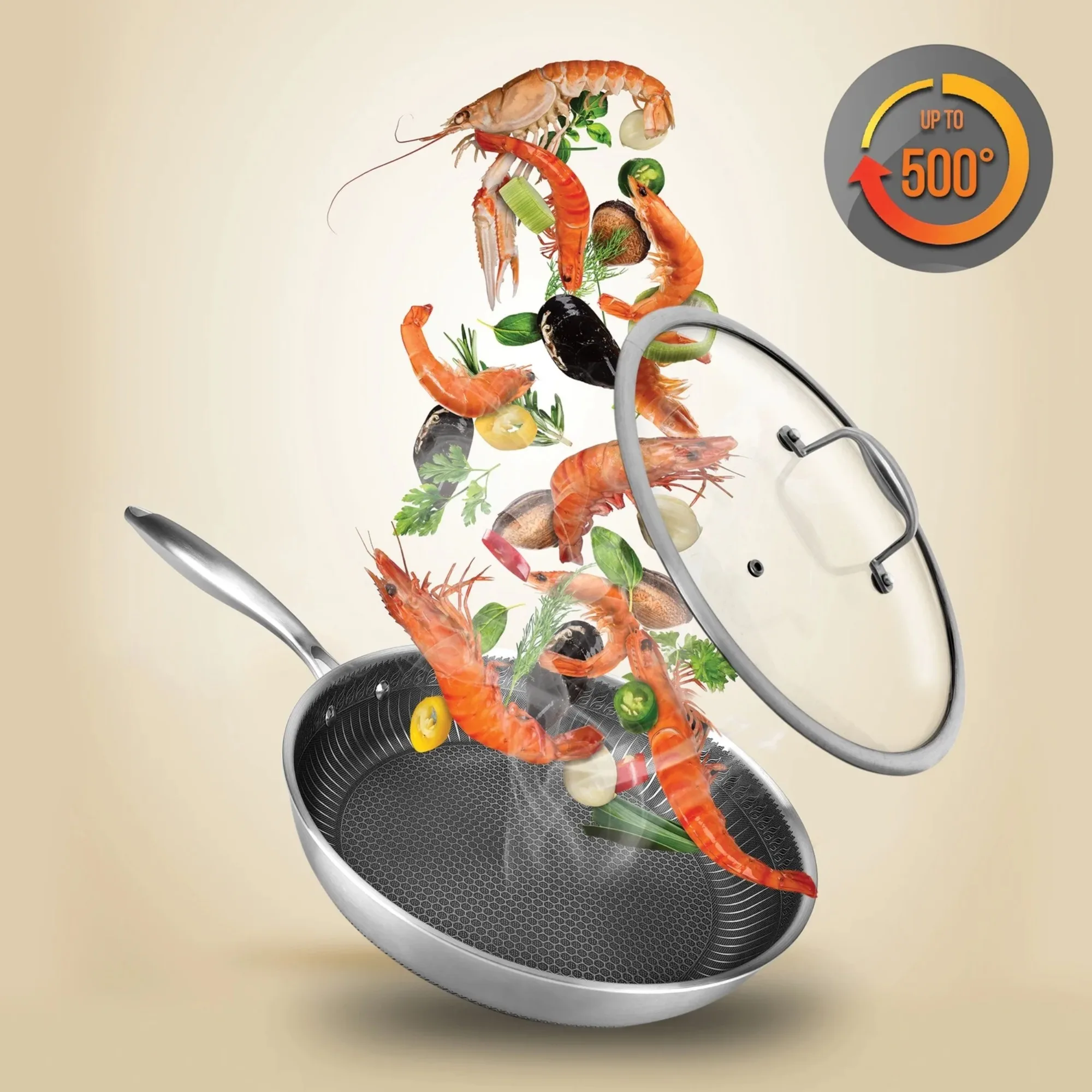 Sartén antiadherente de tres capas de acero inoxidable con tapa de vidrio, 12 pulgadas