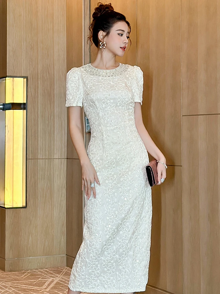 Robe de soirée élégante et Chic pour femmes, célébrité, perles, décolleté en diamant, coupe cintrée, mi-longue, Business