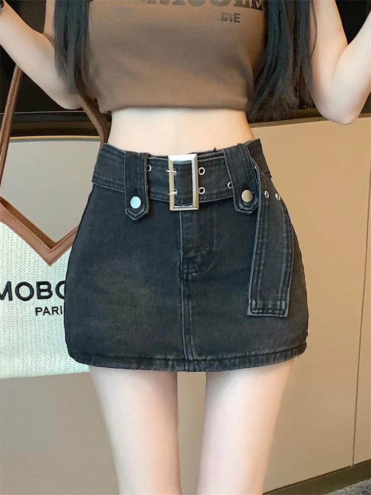 ارتفاع الخصر Bla الدنيم تنورة المرأة Sle الكورية تخفيف خمر زر سستة كيت تصميم ألف خط ort تنورة #1