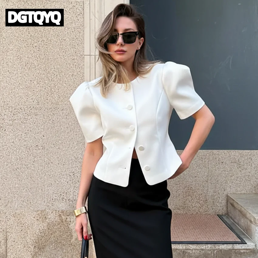 

2026 Vintage White Puff Sleeve Blouse Women 2026 Spring Office Lady Single Breasted Shirts Street Chic Slim Satin O Neck Shirts