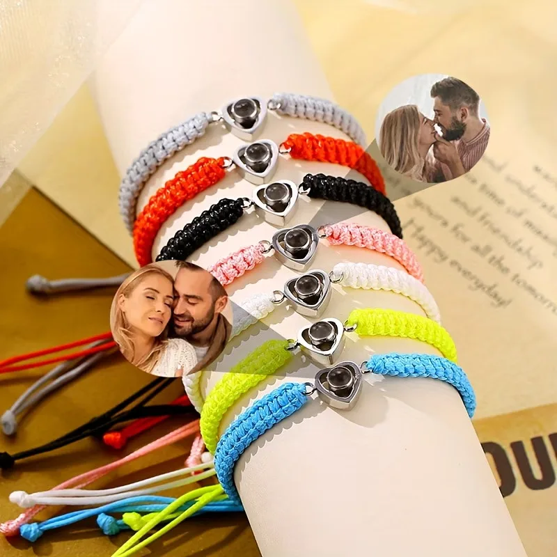 

Custom Photo Bracelet 304 Stainless Steel Pendant Personalized Heart Color Braided Rope Projection Bracelet Memorial Jewelry