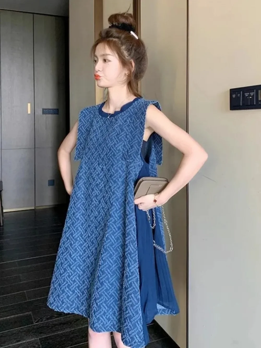

plus Size Denim Blue Pleated Vest Skirt Women Summer Thin Loose Casual Vest Skirt Korean Style A-Line Midi Dress