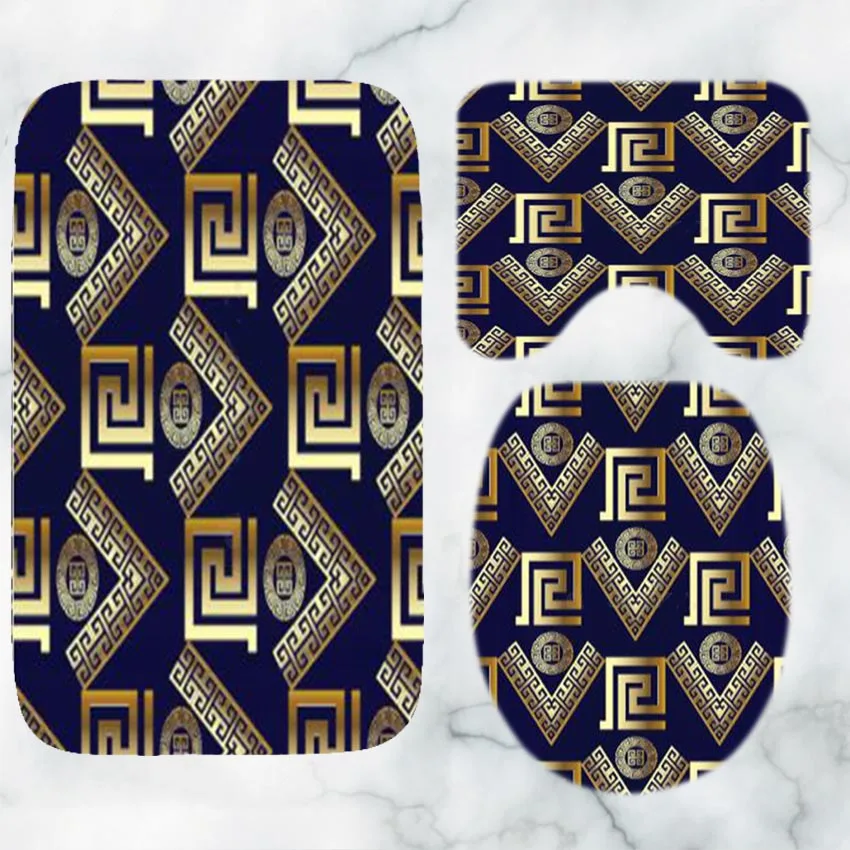 3D Luxurious Black Gold Greek Key Meander Pattern Bathroom Decor Geometric Border Greek Keys Bath Rug Set Toilet Mat Carpet Set