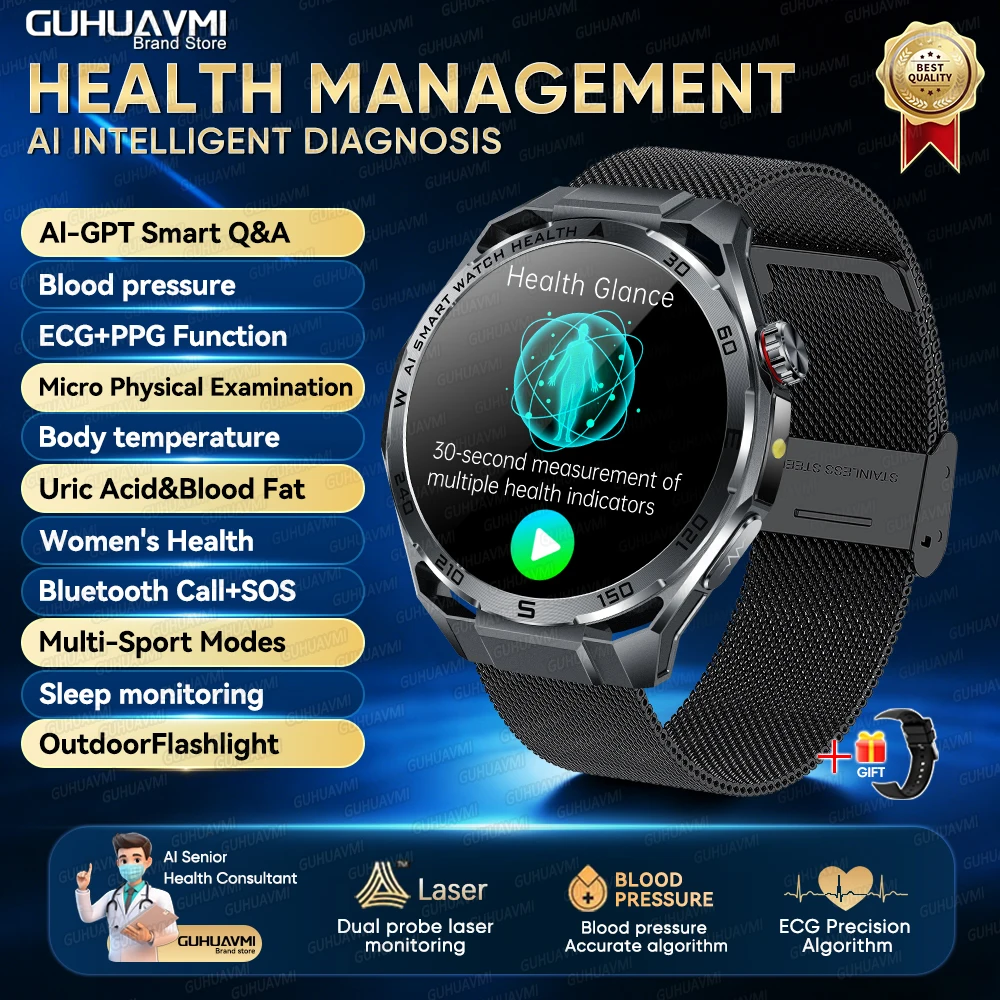 2026 AI Gezondheidsdiagnose ECG+PPG SmartWatch Mannen Bloeddruk Lipiden Urinezuur Hartanalyse 1,53-inch Bluetooth-oproep Smartwatch