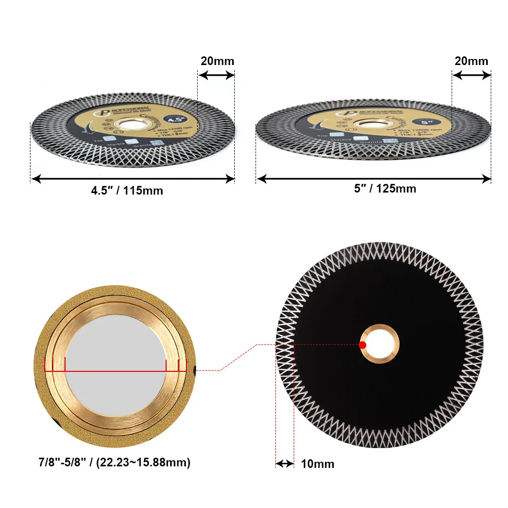 Dia 115-125mm Super Porcelain Tile Cutting Blade Diamond Turbo Saw Blade For Cutting and Grinding Granite Marble Ceramic Tile
