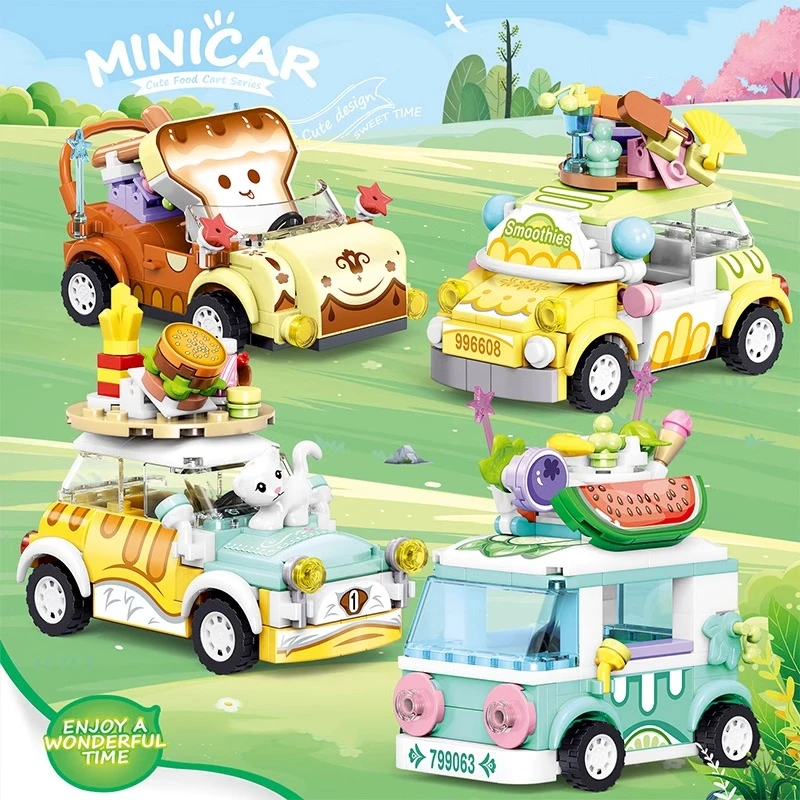 Kawaii Fruit Burger Car Building Blocks Q Version Food  Model Children's Educational Assembly Toy Birthday Gift Figure