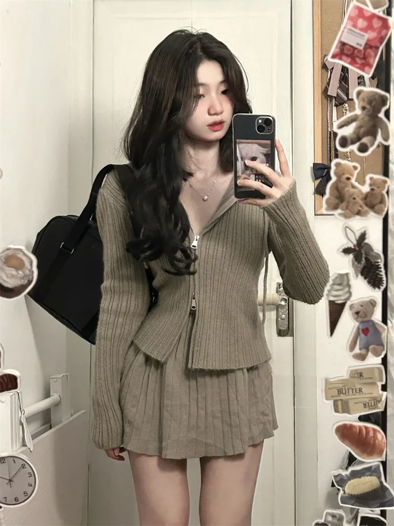 Hoodie Korean Fashion Two Piece Set Women Solid Sweet Vintage Mini Skirt Suit Female Knitted Tops + Causal Pleated Skirt 2023