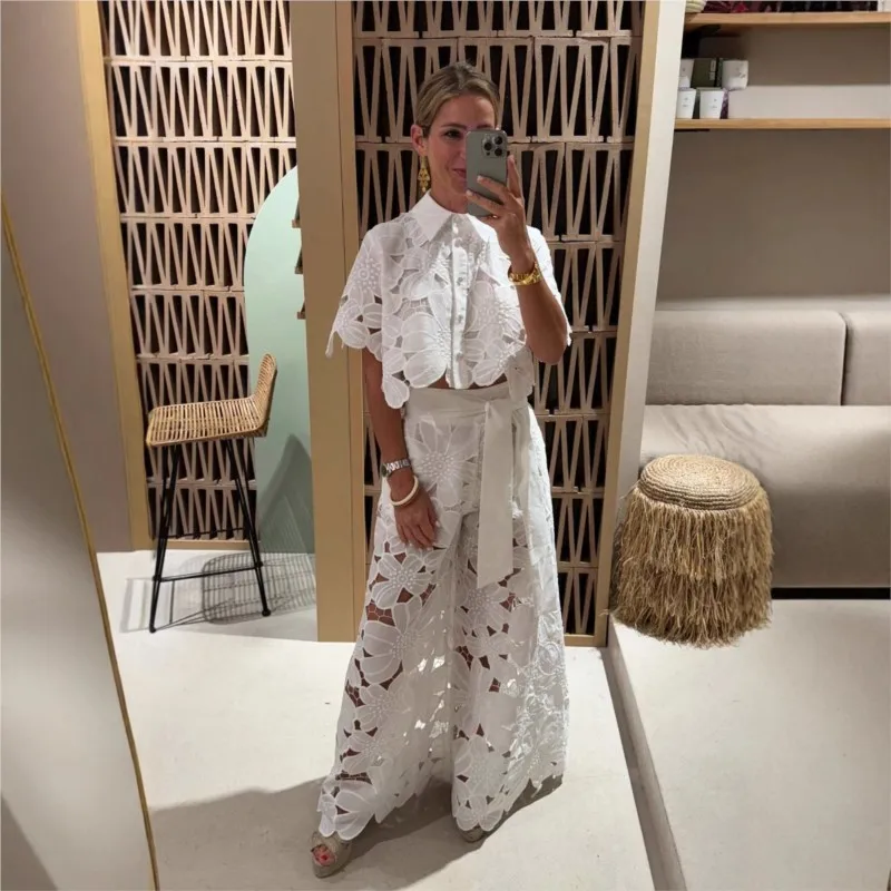 

Sexy Hollow Two-piece Set 2026 Summer New Fashion Casual Solid Color Cardigan Mid-sleeve Top Wide Leg Pants Suit For Women