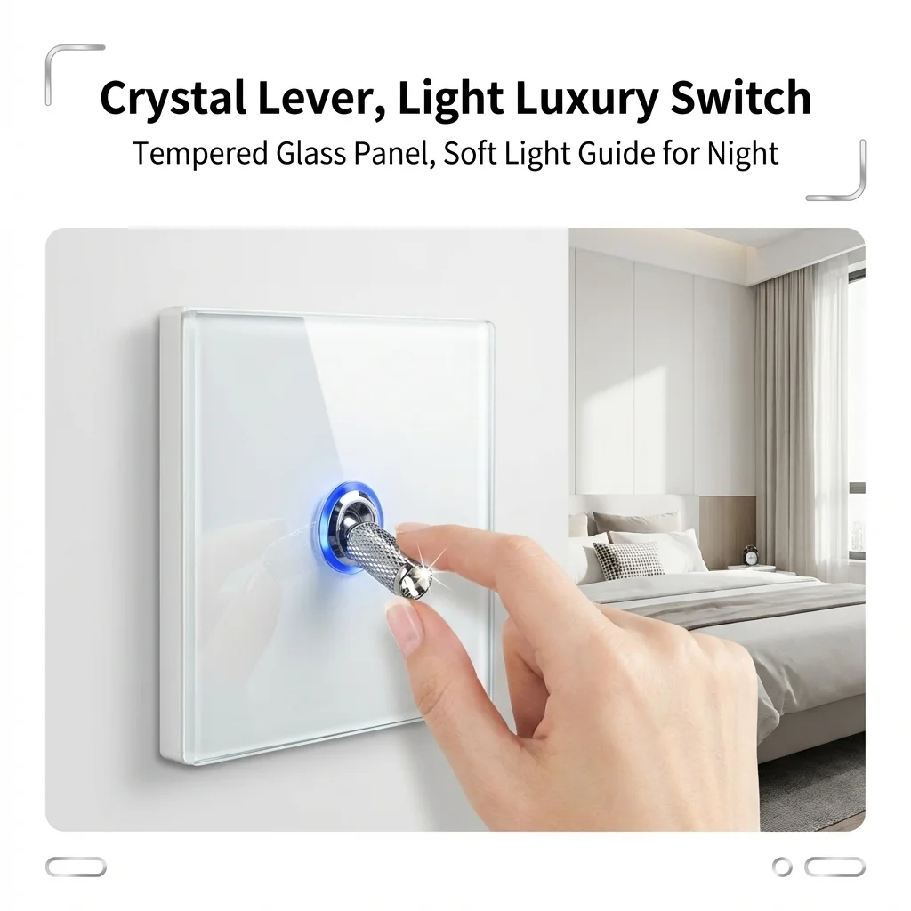 WALLPAD Modern LED Toggle Wall Switch, Tempered Glass Panel with Crystal Knob, Blue Indicator Light, 1/2/3 Gang, White/Black/Gre