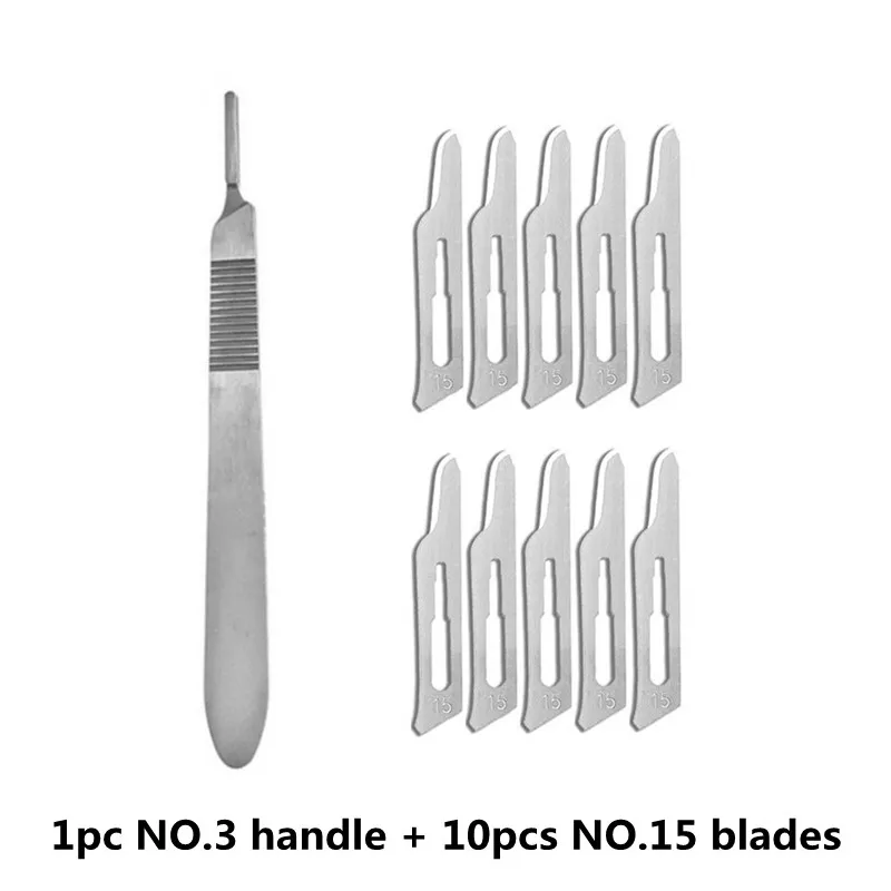 10pcs NO.15 Scalpel Blades and 1pc Handle for Dermaplaning Dental Medical DIY Cutting PCB Repair Lab Animal Surgical Knife