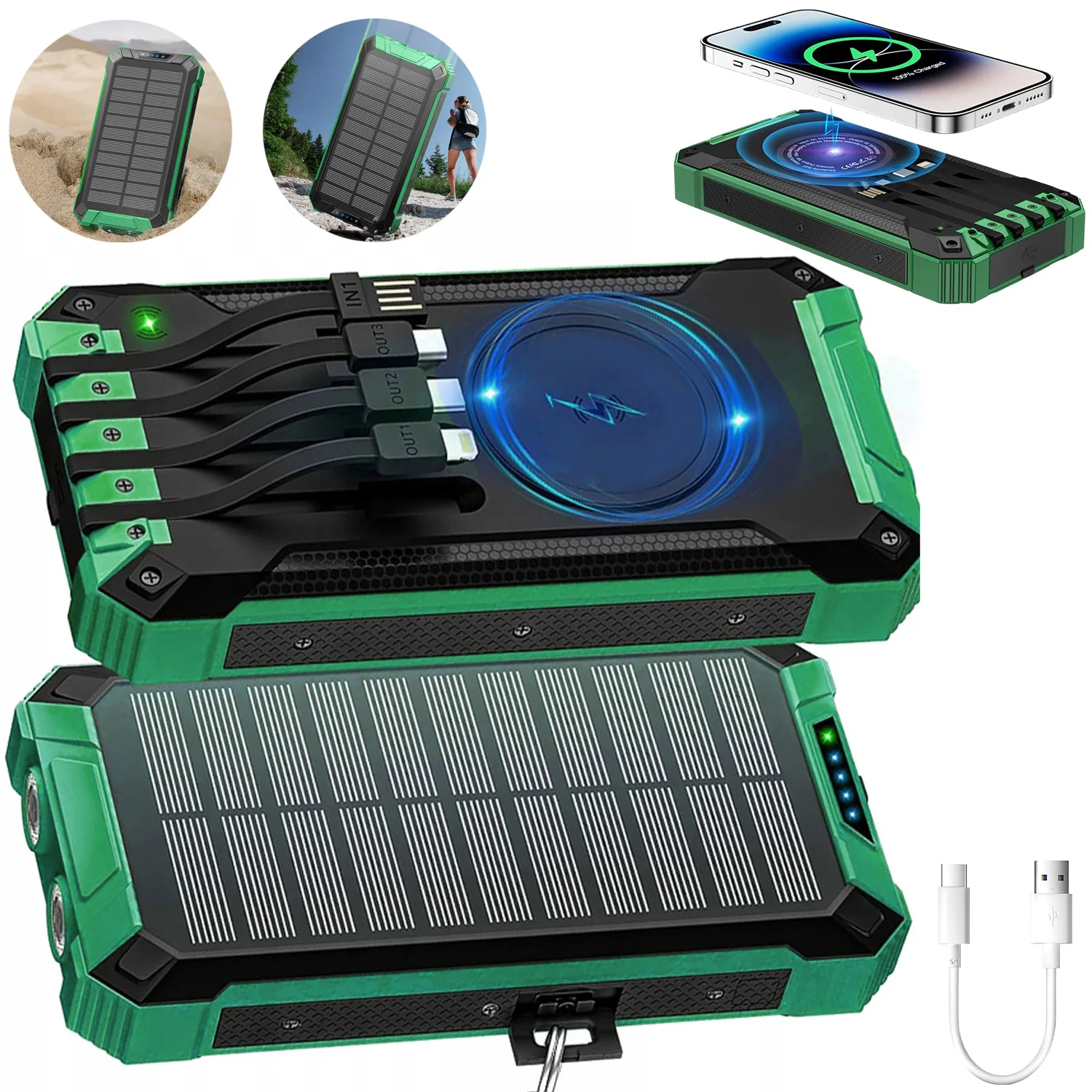 Solar-Ladegerät Powerbank 26800mAh Tragbares Telefonladegerät, Eingebaute 4 Kabel mit USB-C 6 Ausgängen & 2 Eingängen für Alle Mobiltelefone