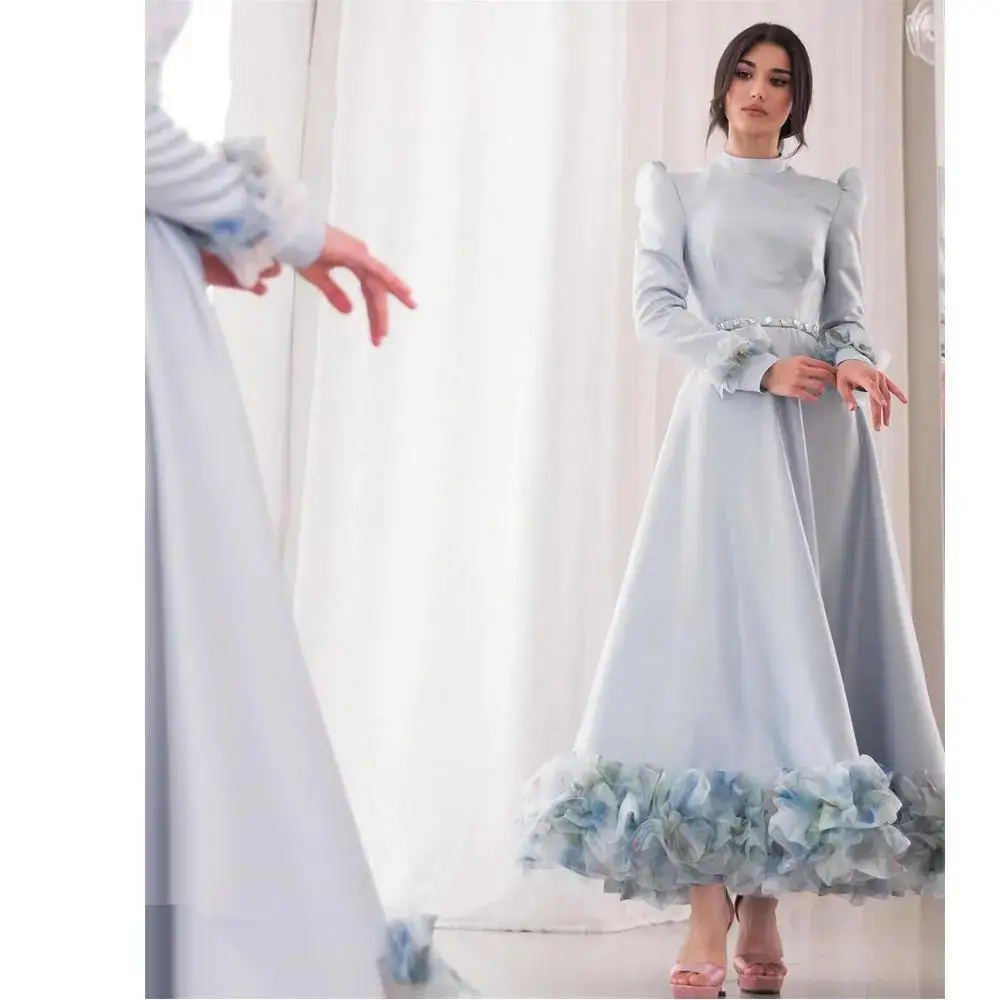 High Neck Dubai Prom Dress Long Sleeves Evening Dress With Ankle Length Summer Women Wedding Party Gowns 2024