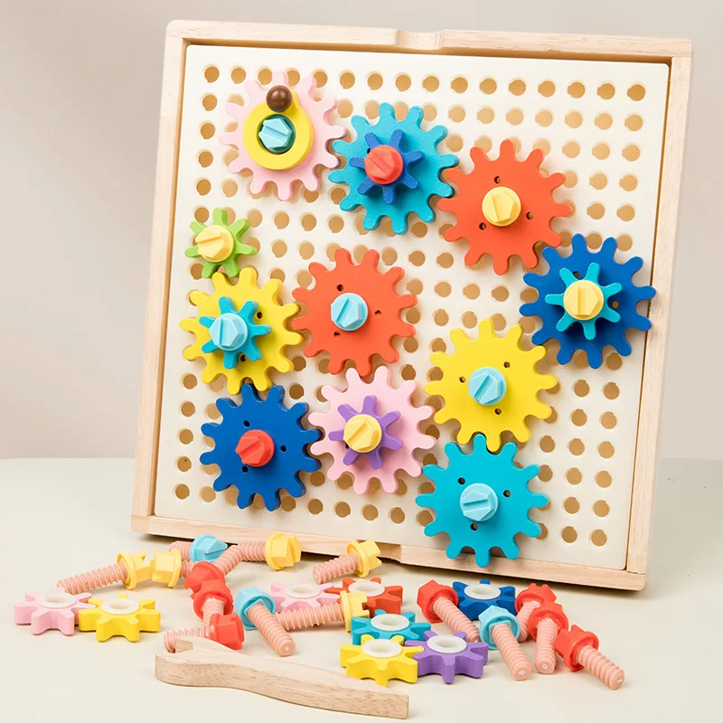 Wooden Nut Screw Puzzles Gears Rotating Montessori Toys Color Cognitive Shape Matching Kids Fine Motor Training Building Blocks