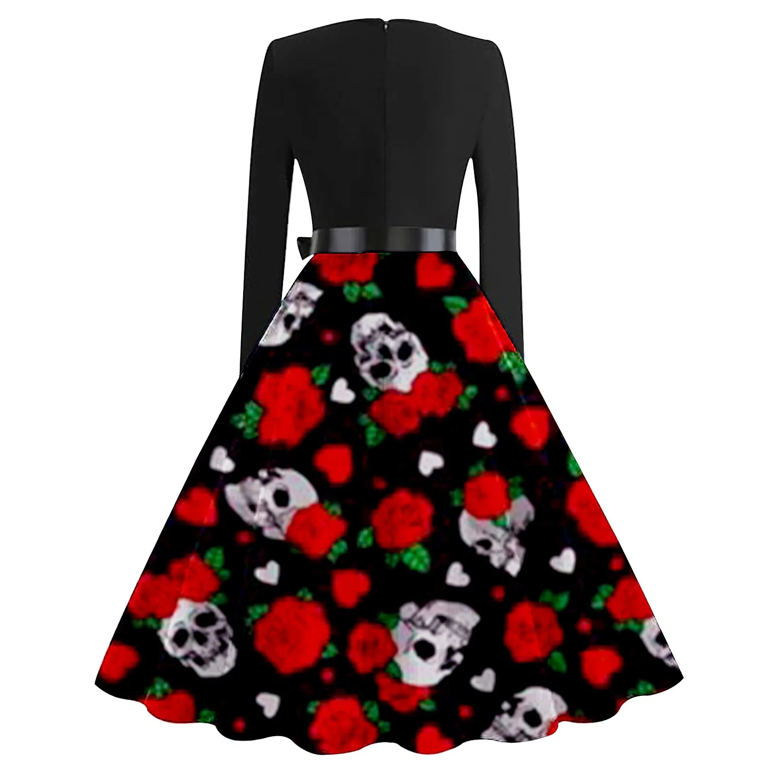 Women Summer Dresses 2024 Skull Rose Print Grommet Buckle Design Tank Dress Double V Neck Long Sleeve Gothic Dress Black Dresses