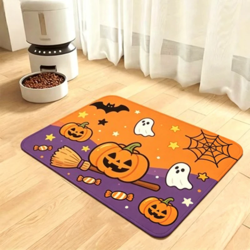 1pc Halloween-Themed Pet Feeding Mat, Cartoon Pumpkin Broom White Ghost Black Bat Spider Web Printed Design