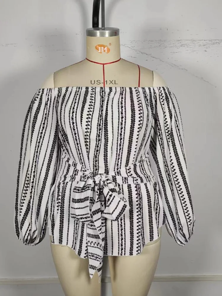 GIBSIE Plus Size Boho Off Shoulder Tops for Women 2024 Spring Casual Long Sleeve Tie Front Ethnic Print Holiday Blouses Shirts